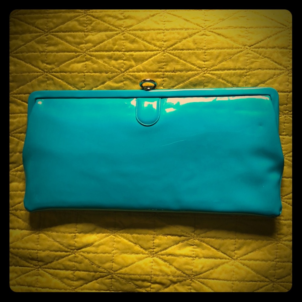 Vintage teal patent leather clutch